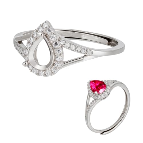 BENECREAT Anillo de plata de ley 925 con forma de gota, engastes de platino con diamantes de imitación, componentes ajustables, para fabricación de joyas, compartimento: 7 x 5 mm