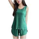 Women Built in Bra Tank Top and Shorts 2PC Pajama Set Frill Trim Sleepwear Loungewear Wedding Valentine Dating Outfit Army Green