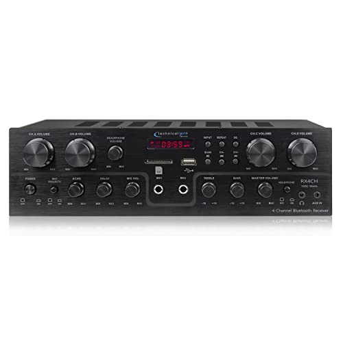 Technical Pro 1600 Watts, 4 Channel, 8 Speaker Bluetooth Receiver with RCA, USB, SD Card, AUX and 2 Mic Inputs, Playback Controls, Fluorescent Display for Home Speakers, Theater System, Karaoke