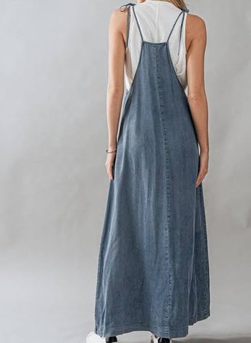 chouyatou Women's 2025 Summer Spaghetti Strap Maxi Long Denim Dress Swing Flowy Jean Jumper Overall Dress4