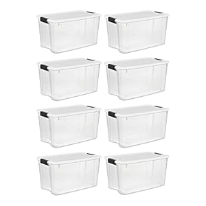 Sterilite 70 Quart Clear Plastic Stackable Storage Container Bin Box Tote with White Latching Lid Organizing Solution for Home & Classroom, 8 Pack