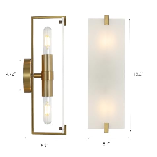 Image of Modern Gold Wall Sconce 2-Lights Mid Century Bathroom Vanity Wall Light Frosted White Acrylic Glass Shade Industrial Pole Wall Mount Lighting Fixture