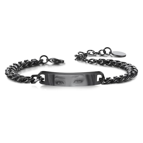 MeMeDIY Custom Eye Photo Bracelet for Men Adjustable Stainless Steel Bracelets with Photo/Name/Text Engraving Personalized Gifts for Husband Boyfriend Couple Anniversary - Black