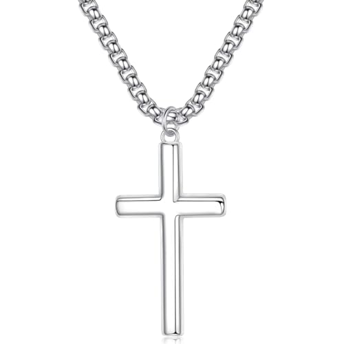 Ursteel 925 Sterling Silver Cross Necklace for Men Women - 18K White Gold Plated Stainless Steel Diamond Cut Silver Chain Mens Cross Pendant Necklace Jewelry 16-24 Inches