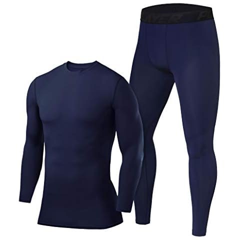 PowerLayer Men's Performance Base Layer Thermal Long Sleeve Top & Tights Compression Set - Navy Top + Navy Eclipse Tights, Large Cover