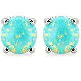 925 Sterling Silver Opal Stud Earrings 6MM, Fire Colour Opal Earrings, Earrings with Gift Box for Women Girls Teens Green