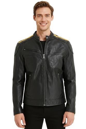 Mens Classic Black Quilted Leather Yellow Strip Biker Racing Moto Jacket