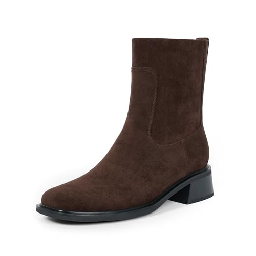 QIY Womens Booties And Ankle Boots Dark Brown Low Heel Boot Flat Chocolate Suede Square Toe Fall Boots 2025 Ladies Dress Chunky Heel Short Boot Size 7.5