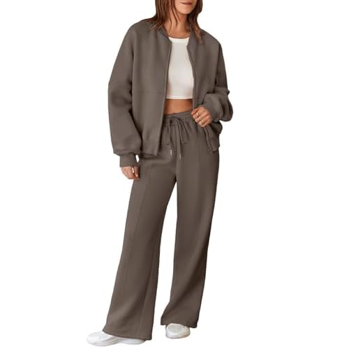 Aleumdr Women's 2 Piece Outfits Oversized Fleece Sweatsuit Zip Up Long Sleeve Sweatshirt with Wide Leg Sweatpants Medium Dark Brown