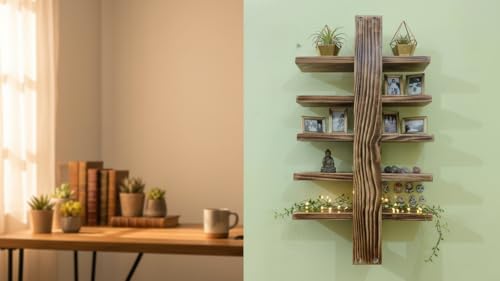 Image of Modern Wall Mounted Wooden Shelf with 5 Adjustable Sliding Shelves | Handcrafted Pine Wood Display Shelf for Living Room, Bedroom & Home Decor