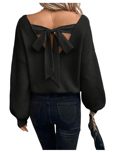 Image of GORGLITTER Women's Bow Fall Sweaters 2025 Cable Knit Chunky Oversized Long Sleeve Backless V Neck Pullover Tops