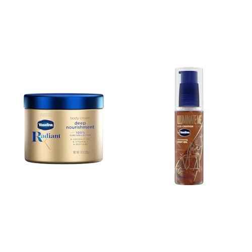 Vaseline Radiant X Deep Nourishment Body Cream 100% Pure Shea Butter, Coconut Oil, Vitamin C, & Peptides 10 oz & Illuminate Me Shimmering Body Oil Created for Melanin Rich Skin, Illuminates Skin