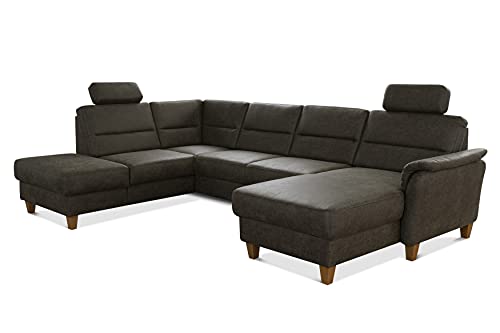 CAVADORE U-Form-Sofa Palera / Federkern-Wohnlandschaft mit 2 Kopfstützen / 314 x 89 x 212 / Mikrofaser in Lederoptik, Oliv