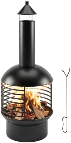 Outsunny Outdoor Fire Pit, Portable Wood Burning Firepit with Poker, Charcoal Grid, Modern Chimney Design Fireplace for Patio Garden Backyard Bonfire, Black