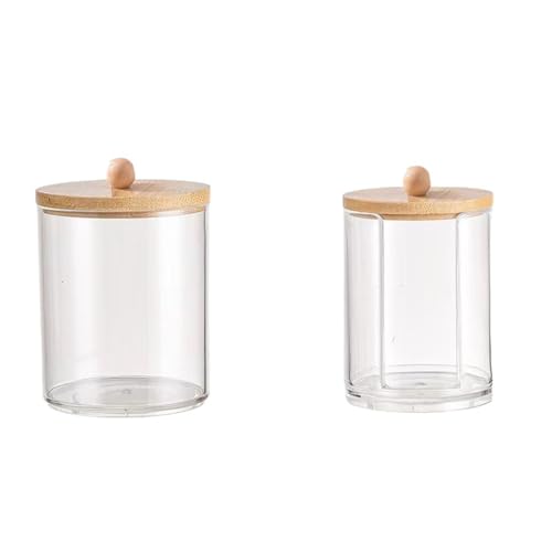 Sailozai コットンチップ綿棒収納ケース、クレンジングコットン、歯糸、爪楊枝集め、化粧品整理 (円形+切欠き,竹のふた)