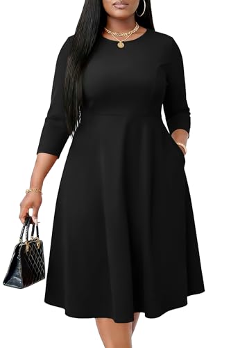 Image of Runwind Women's Plus Size Midi Dress Classy High Waist Wedding Guest Dress Casual Crew Neck 3 /4 Sleeve A-Line Swing Dresses