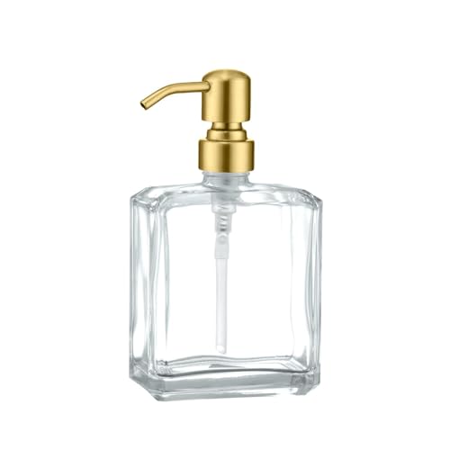 Image of Square Clear Glass Dish Soap Dispenser Brushed Gold Pump, Antique Refillable 13.5 oz Lotion Hand Soap Dispenser with Rust Proof Stainless Steel Pump for Bathroom Kitchen Countertop