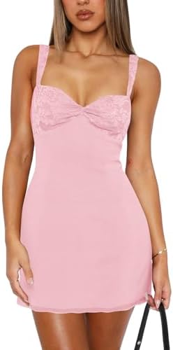 MIYIEONZ Women's Summer Mini Dresses Sleeveless Sexy Square Neck Lace Splicing Cocktail Party Small Light Pink Straps Bodycon Dress