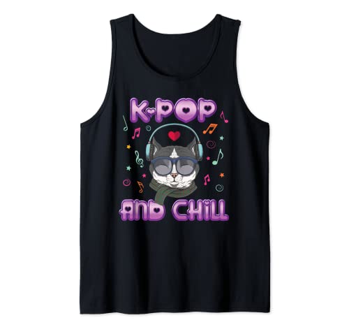 K-Pop And Chill Korean Music Song K-Drama Cute Cat Lover Fun Camiseta sin Mangas
