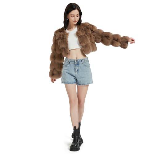 Women's Real Fox Fur Coat Thick Warm Fur Jacket Winter Fuzzy Outerwear Fluffy Short Coat