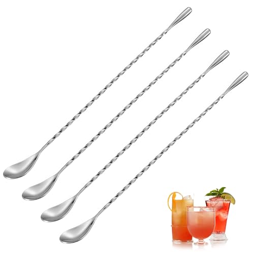 4 agitadores de cóctel de acero inoxidable, cuchara de bar de 30 cm de largo, cuchara de cóctel adecuada para uso doméstico o camarero, cóctel, café, té (plata)
