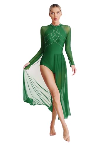 Fldy Damen Tanzkleid Lang Lyrisches Latin Walzer Ballsaal Kleid Langarm Ballett Tanztrikot mit Swing Mesh Rock Zeitgenössische Tanzkostüme Grün_A M