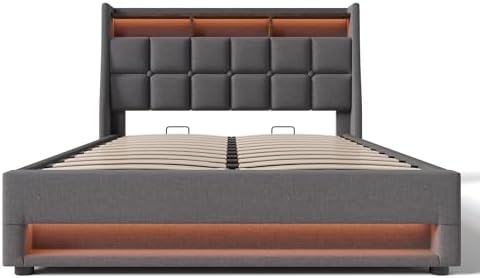 Bedroom scene showing upholstered bed with LED ambient lighting