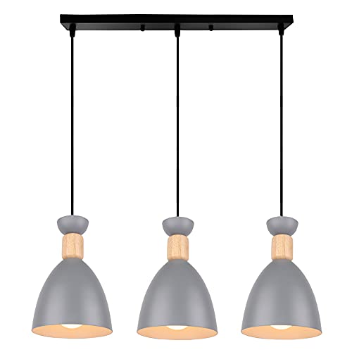 Lustre Suspension Plafonnier 3 Lampes E27 Luminaire Industrielle Moderne Nordique Abat-jour Bois pour Salons,Salle à Manger, cuisine Chambre (GRIS) Cover
