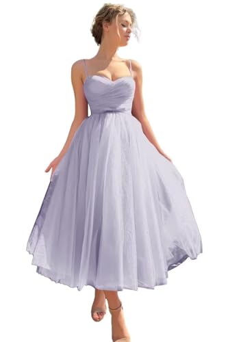 Image of A line Ruched Tulle Prom Dress Spaghetti Straps for Women, Tea Length Sweetheart Homecoming Dress Cocktail Dress