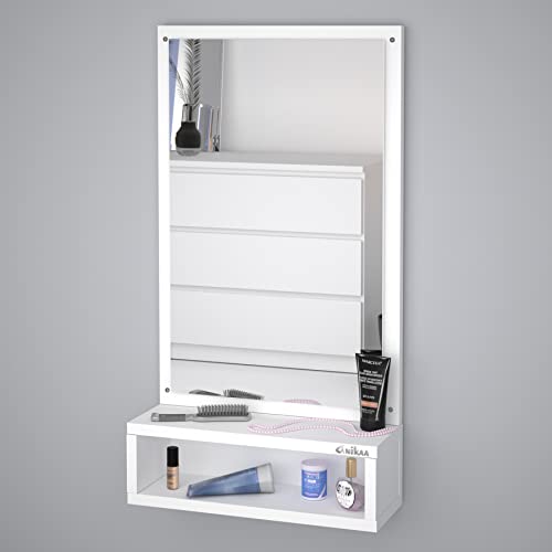 Image of Anikaa Jinny Decorative Wall Hanging Mirrors with Shelf for Dressing Table Bedroom Living Room (White) Matte Finish, Unframed, Engineered Wood, Rectangular