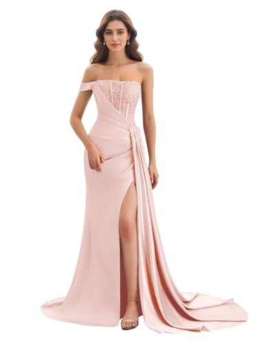 Lace Appliques Bridesmaid Dresses for Wedding One Shoulder Evening Gowns for Women Formal Mermaid Prom Gowns with Long Train Blush Pink 16 Plus N1