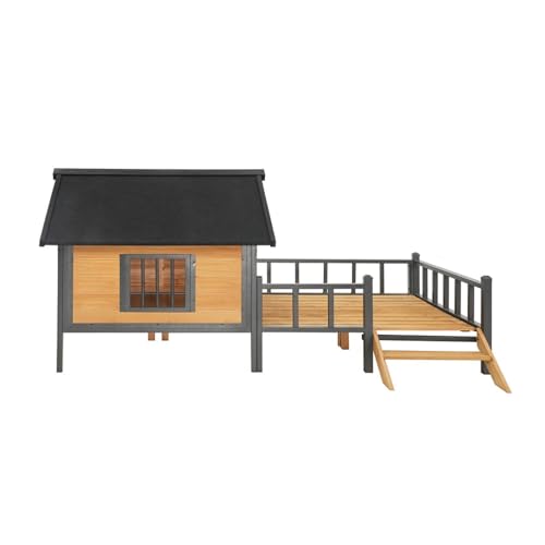 MotiveTech Iron Frame,Outdoor Large Wooden Cabin House Wooden Dog Kennel with Porch