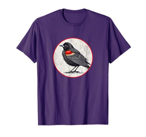 Colorful Retro Red-Winged Blackbird Bird Design T-Shirt