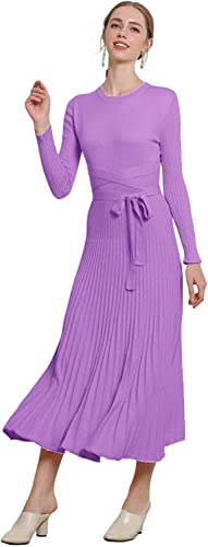 Image of Women's Long Sleeve Sweater Dress Ankle Length Fall Dress Vneck Knit Winter Dress