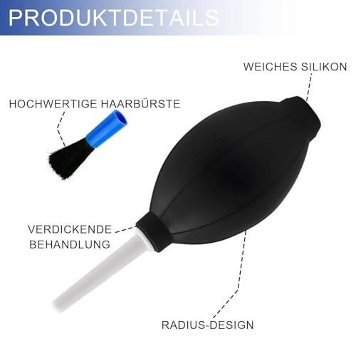 2 Stück Blasebalg Kamera, Objektiv Reinigungsset, Weicher Gummi-Luftgebläse, mit 2 Reinigungsbürste, für Die Reinigung Von Kamerasensoren, Tastaturen, Blau, Schwarz