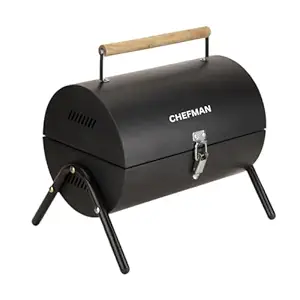 Chefman 15-Inch Barrel Barbeque Grill with 6 Skewers, 1 Tong & 2 Grills | Black | Portable Tandoori Grill for Home, Outdoor, Charcoal BBQ Grill, Suitable for 4-5 Members (Black)