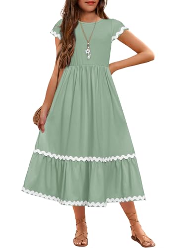 Arshiner Girls Summer Maxi Dresses Short Sleeve Casual Flowy Tiered Dress with Pockets for 4-14 Years