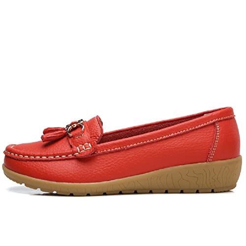 Women's Genuine Leather Platform Loafers Classic Casual Comfort Slip-On Shoes Soft Sole Dress Shoes,Red Eu41=9 M Us #TOP3