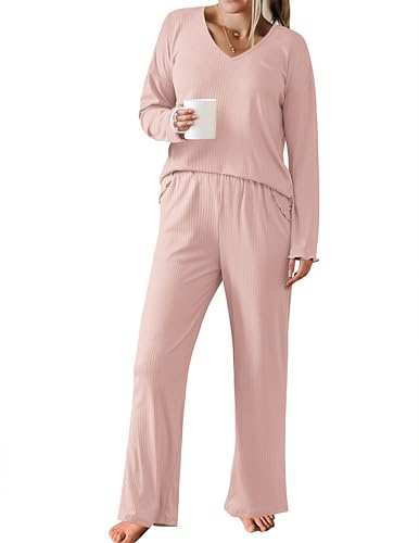 Ekouaer Womens Ribbed Knit Pajamas Set V Neck Long Sleeve Pj Set 2 Piece Loungewear Casual Sleepwear