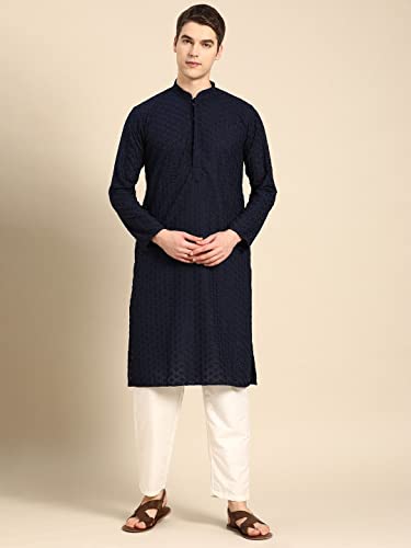 Image of Rajubhai Hargovindas Men Pure Cotton Chikankari Embroidered Straight Kurta