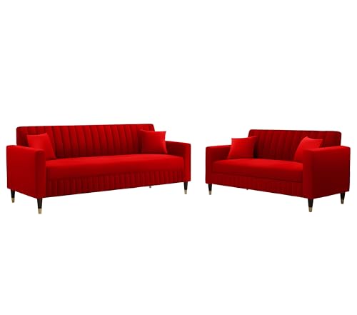 Image of AMATA Omega 3+2 Seater Suede Velvet Fabric Sofa Set with Two Cushions Perfect for Home Office Guests Living Room (06 red, Omega 3+2 Seater Sofa)(3 Year Warranty)