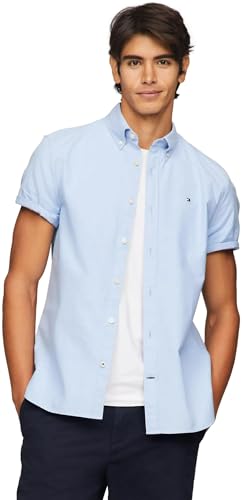 Tommy Hilfiger Men's Short Sleeve Regular Fit Stretch Oxford Shirt Collection 2024, Small, White
