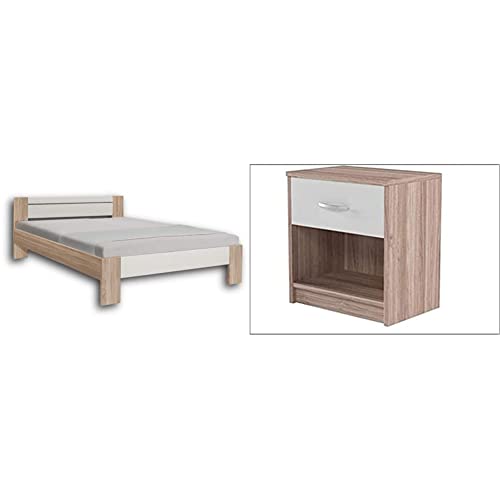 Stella Trading Vega Stilvolles Futonbett 140 x 200 cm - Komfortables Jugendzimmer Doppelbett in Eiche Sonoma Optik 145 x 61 x 204 cm & Pepe Nachttisch in Eiche Sonoma Optik, Weiß - 39 x 41 x 28 cm Stella Trading Vega Stilvolles Futonbett 140 x 200 cm - Komfortables Jugendzimmer Doppelbett in Eiche Sonoma Optik 145 x 61 x 204 cm & Pepe Nachttisch in Eiche Sonoma Optik, Weiß - 39 x 41 x 28 cm