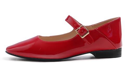 FEVERSOLE Women's Mary Jane Fashion Square Toe Easy Buckle Low Heel Slip On Flats3