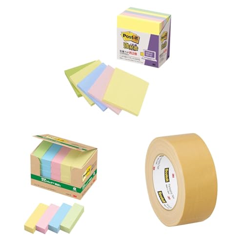 【セット買い】ポストイット 付箋 正方形 強粘着 ノート パステルカラー 75×75mm 90枚×5冊 654-5SSAP + ポストイット 付箋 見出し パステルカラー 50×15mm 100枚×25冊 7001-K + 3M スコッチ ガムテープ 布梱