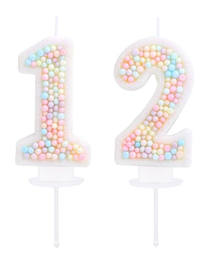 EAKE Pastel Macaron Glitter Number 12 Birthday Candle 3D Sweet Themed Cake Topper for Girls & Women 12th Birthday Wedding & Anniversary Party Decor