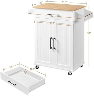 Yaheetech Kitchen Cart with Bamboo Tabletop, 32" Width Rolling Kitchen Island with Drawer and Adjustable Shelf, Storage Cabinet with Spice Rack Towel Bar for Dining Room Kitchen Living Room, White