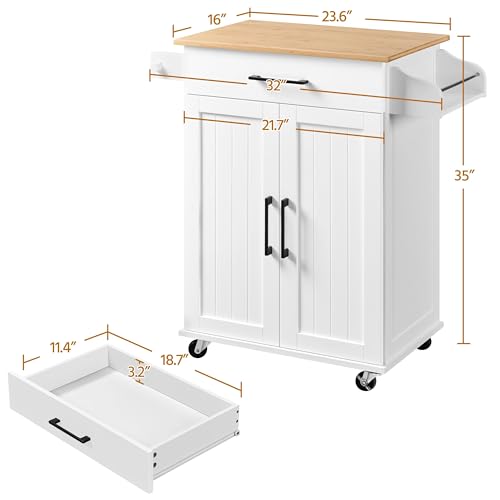 Yaheetech Kitchen Cart with Bamboo Tabletop, 32" Width Rolling Kitchen Island with Drawer and Adjustable Shelf, Storage Cabinet with Spice Rack Towel Bar for Dining Room Kitchen Living Room, White