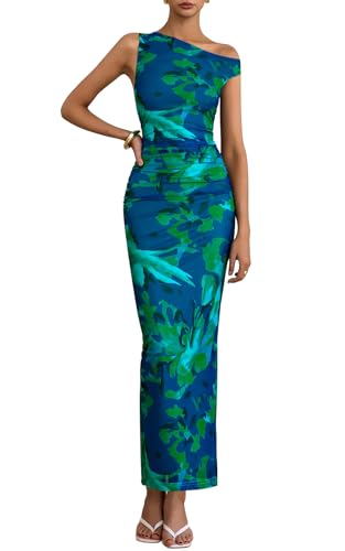 PRETTYGARDEN Women's Bodycon Maxi Dress Spring Fashion One Shoulder Floral Tight Fitted Party Club Ruched Long Dresses (Floral Green, X-Large)