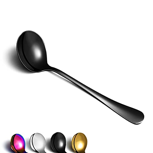 Black Soup Spoon of 12, Berglander 7.5" Stainless Steel Titanium Plating Shiny Black Round Spoons Silverware, Black Table Spoon Table Spoon Set Sturdy Easy To Clean, Dishwasher Safe